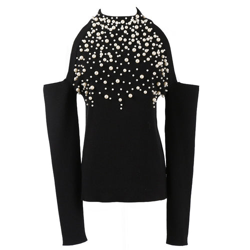 New Fashion Autumn Winter Women Sweaters Europe America Knitted Sweater Tops High quality Pearl beaded Bare Shoulders Feminino