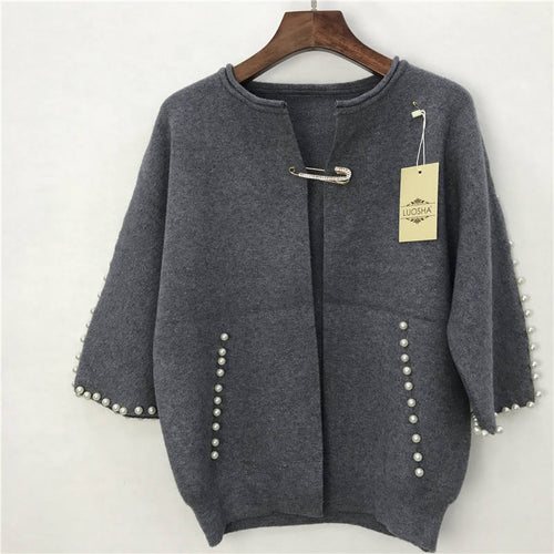 Top  Women Pearl Beading Elegant Gray Short Cardigans Femme  2021 New Women Spring And Autumn Knitted Sweater