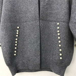 Top  Women Pearl Beading Elegant Gray Short Cardigans Femme  2021 New Women Spring And Autumn Knitted Sweater