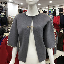 Load image into Gallery viewer, Top  Women Pearl Beading Elegant Gray Short Cardigans Femme  2021 New Women Spring And Autumn Knitted Sweater