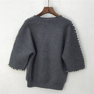 Top  Women Pearl Beading Elegant Gray Short Cardigans Femme  2021 New Women Spring And Autumn Knitted Sweater