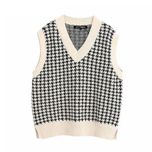 Women Fashion Knitted Vest Sweater V Neck Sleeveless Side Vents Loose Female Waistcoat Chic Tops Oversized winter clothes women