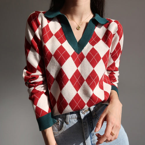 European American Lapel V-neck Diamond Plaid Long Sleeve Pullover Knitwear Cross Women Sweater Red Women Tops A7OP