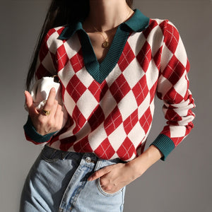 European American Lapel V-neck Diamond Plaid Long Sleeve Pullover Knitwear Cross Women Sweater Red Women Tops A7OP