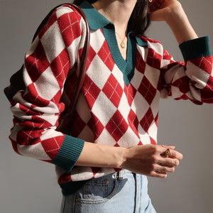 European American Lapel V-neck Diamond Plaid Long Sleeve Pullover Knitwear Cross Women Sweater Red Women Tops A7OP