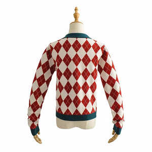 European American Lapel V-neck Diamond Plaid Long Sleeve Pullover Knitwear Cross Women Sweater Red Women Tops A7OP