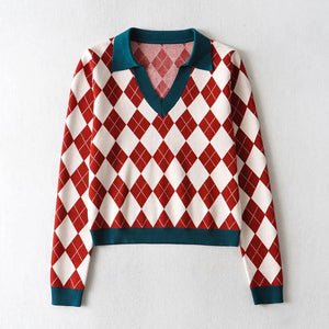 European American Lapel V-neck Diamond Plaid Long Sleeve Pullover Knitwear Cross Women Sweater Red Women Tops A7OP