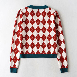 European American Lapel V-neck Diamond Plaid Long Sleeve Pullover Knitwear Cross Women Sweater Red Women Tops A7OP