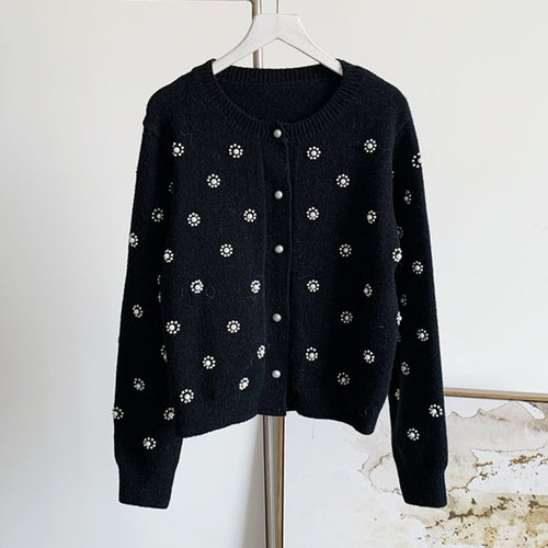 Retro Heavy Industry Pearl Flower Bead Long Sleeve Coat Sweater Womens Knitted Cardigan Top Female Black Knitwear Girls Sweaters