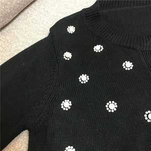 Retro Heavy Industry Pearl Flower Bead Long Sleeve Coat Sweater Womens Knitted Cardigan Top Female Black Knitwear Girls Sweaters