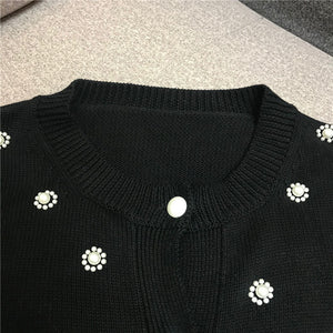 Retro Heavy Industry Pearl Flower Bead Long Sleeve Coat Sweater Womens Knitted Cardigan Top Female Black Knitwear Girls Sweaters