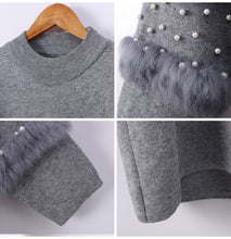 Load image into Gallery viewer, 1Women Pearl Sweater Beading Long Sleeve Knnited Dress Feminino Long Pullover Sweater For Women Rabbit Fur Tops For Woman