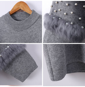 1Women Pearl Sweater Beading Long Sleeve Knnited Dress Feminino Long Pullover Sweater For Women Rabbit Fur Tops For Woman