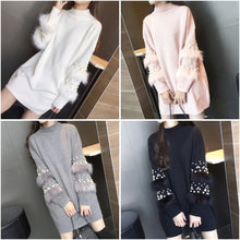 Load image into Gallery viewer, 1Women Pearl Sweater Beading Long Sleeve Knnited Dress Feminino Long Pullover Sweater For Women Rabbit Fur Tops For Woman