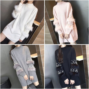 1Women Pearl Sweater Beading Long Sleeve Knnited Dress Feminino Long Pullover Sweater For Women Rabbit Fur Tops For Woman