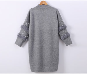 1Women Pearl Sweater Beading Long Sleeve Knnited Dress Feminino Long Pullover Sweater For Women Rabbit Fur Tops For Woman