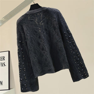 Handmade pearls beading cardigan women knitted loose ins knitted sweater elegant v-neck tops 2021 autumn and winter new arrival