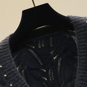 Handmade pearls beading cardigan women knitted loose ins knitted sweater elegant v-neck tops 2021 autumn and winter new arrival