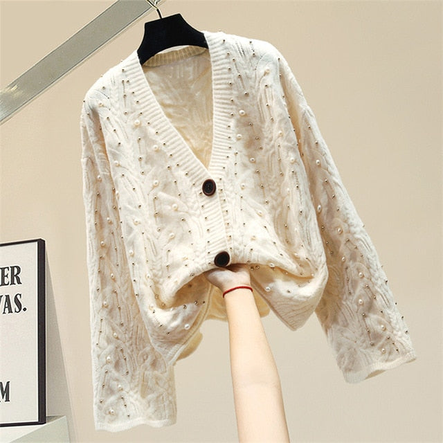 Handmade pearls beading cardigan women knitted loose ins knitted sweater elegant v-neck tops 2021 autumn and winter new arrival