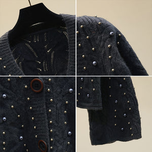 Handmade pearls beading cardigan women knitted loose ins knitted sweater elegant v-neck tops 2021 autumn and winter new arrival