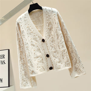 Handmade pearls beading cardigan women knitted loose ins knitted sweater elegant v-neck tops 2021 autumn and winter new arrival