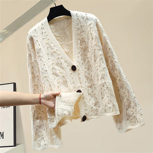 Handmade pearls beading cardigan women knitted loose ins knitted sweater elegant v-neck tops 2021 autumn and winter new arrival