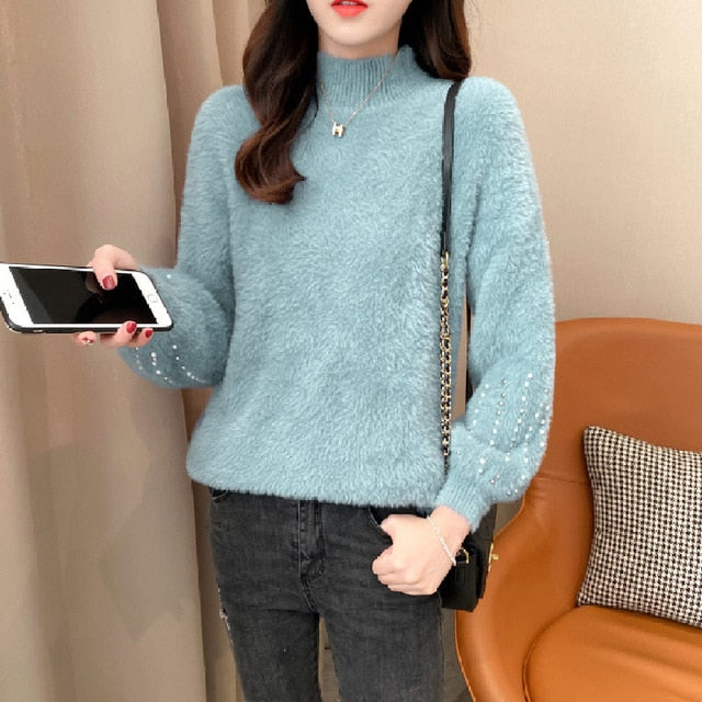 2021 Women Knitted Sweater and Pullovers Oneck Pearls Beading Sweater Sweet Pull Jumpers Long Sleeve Kawaii Pull Femme Warm Top