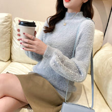 Load image into Gallery viewer, 2021 Women Knitted Sweater and Pullovers Oneck Pearls Beading Sweater Sweet Pull Jumpers Long Sleeve Kawaii Pull Femme Warm Top