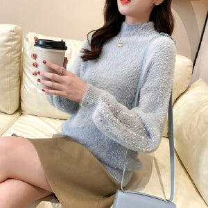 2021 Women Knitted Sweater and Pullovers Oneck Pearls Beading Sweater Sweet Pull Jumpers Long Sleeve Kawaii Pull Femme Warm Top