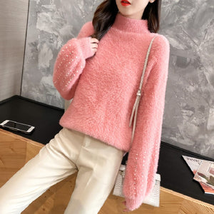 2021 Women Knitted Sweater and Pullovers Oneck Pearls Beading Sweater Sweet Pull Jumpers Long Sleeve Kawaii Pull Femme Warm Top