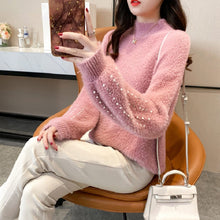 Load image into Gallery viewer, 2021 Women Knitted Sweater and Pullovers Oneck Pearls Beading Sweater Sweet Pull Jumpers Long Sleeve Kawaii Pull Femme Warm Top