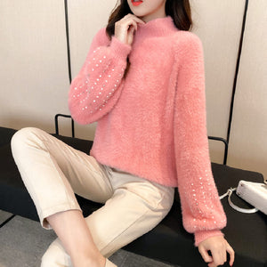 2021 Women Knitted Sweater and Pullovers Oneck Pearls Beading Sweater Sweet Pull Jumpers Long Sleeve Kawaii Pull Femme Warm Top