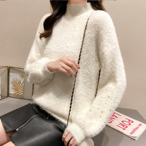 2021 Women Knitted Sweater and Pullovers Oneck Pearls Beading Sweater Sweet Pull Jumpers Long Sleeve Kawaii Pull Femme Warm Top