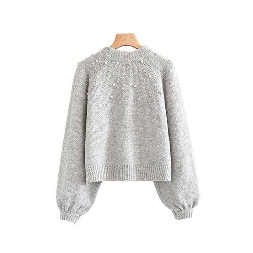 HStar women elegant pearls knitted sweater basic long sleeve stretchy pullovers female casual wear chic tops