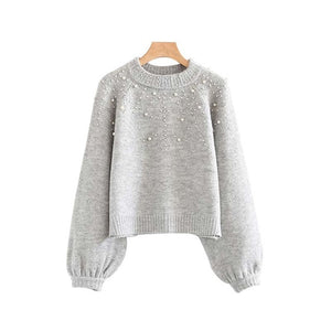 HStar women elegant pearls knitted sweater basic long sleeve stretchy pullovers female casual wear chic tops