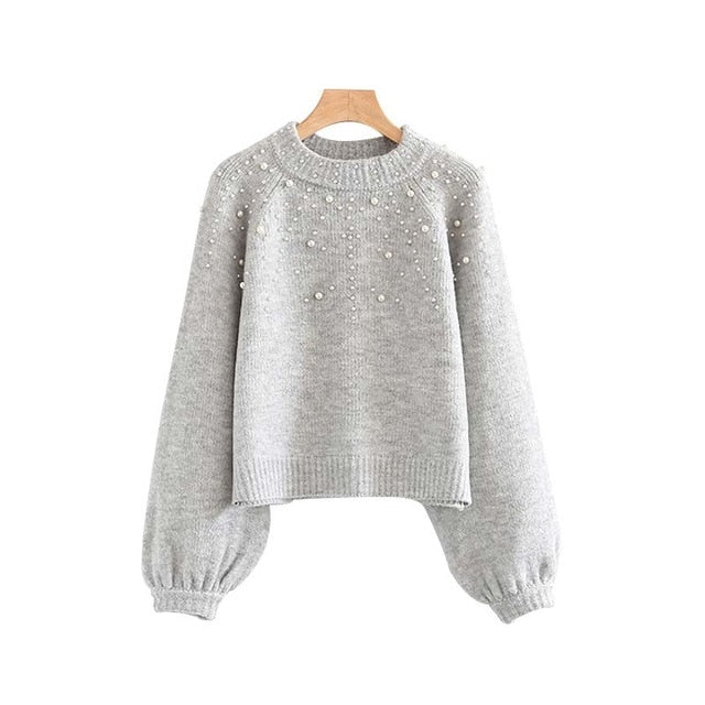 HStar women elegant pearls knitted sweater basic long sleeve stretchy pullovers female casual wear chic tops