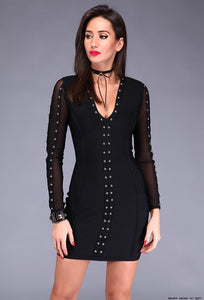 Top Quality Black Long Sleeve Bandage Dress Cocktail Erode Pearls Rayon Party Dress Bodycon