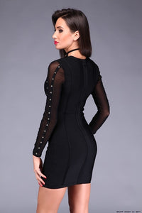 Top Quality Black Long Sleeve Bandage Dress Cocktail Erode Pearls Rayon Party Dress Bodycon