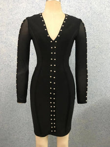 Top Quality Black Long Sleeve Bandage Dress Cocktail Erode Pearls Rayon Party Dress Bodycon