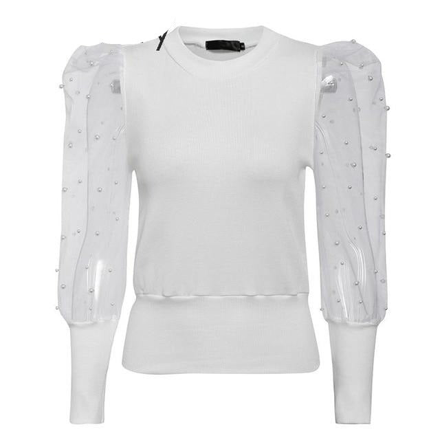 JaMerry Elegant pearl mesh blouse shirt women Puff sleeve female knitted top shirt Autumn sold casual party wear ladies tops