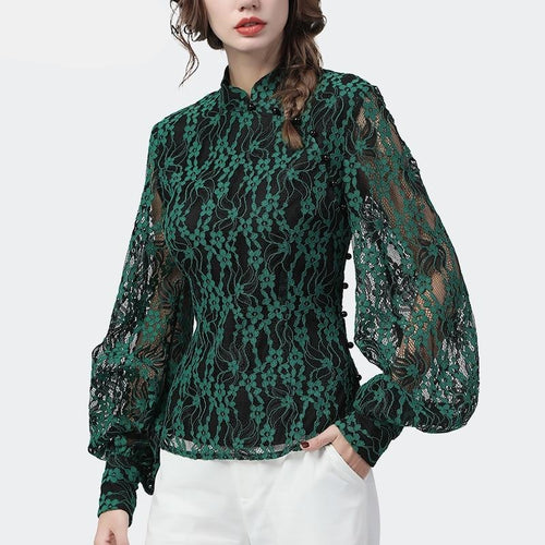 Elegant Cut Floral Ladies Lace Blouse Hollow Out Lantern Sleeve Black Pearls Beaded Tops 2021 Spring Summer Womens Vintage Shirt