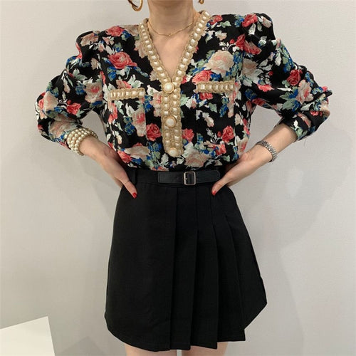 v-neck chic retro floral print pearl button shirt elegant mild retro streetwear short sweet outgoing dating tops 2021 new