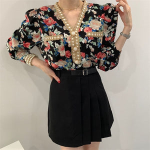 v-neck chic retro floral print pearl button shirt elegant mild retro streetwear short sweet outgoing dating tops 2021 new