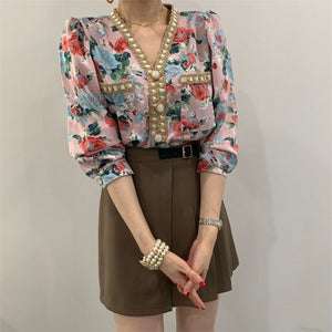 v-neck chic retro floral print pearl button shirt elegant mild retro streetwear short sweet outgoing dating tops 2021 new