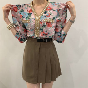 v-neck chic retro floral print pearl button shirt elegant mild retro streetwear short sweet outgoing dating tops 2021 new