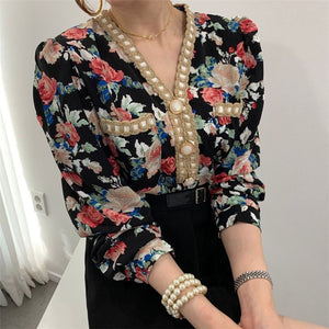 v-neck chic retro floral print pearl button shirt elegant mild retro streetwear short sweet outgoing dating tops 2021 new