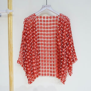 Women Summer Sun-protection Shirts Lace Hollow Out Floral Pearl Bead Open Stitch Cardigan Half Sleeve Cappa Shawl Lady Tops