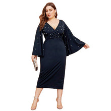 Load image into Gallery viewer, Plus Black Size Surplice Neck Dolman Sleeve Pearls Beaded Belted Top Women Spring Solid Elegant Office Lady Peplum Blouses