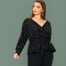 Load image into Gallery viewer, Plus Black Size Surplice Neck Dolman Sleeve Pearls Beaded Belted Top Women Spring Solid Elegant Office Lady Peplum Blouses