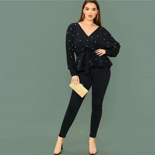 Load image into Gallery viewer, Plus Black Size Surplice Neck Dolman Sleeve Pearls Beaded Belted Top Women Spring Solid Elegant Office Lady Peplum Blouses